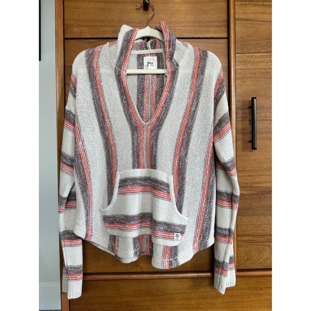 Billabong Baja Striped Knit Hoodie Size M Cream Brown Orange Excellent